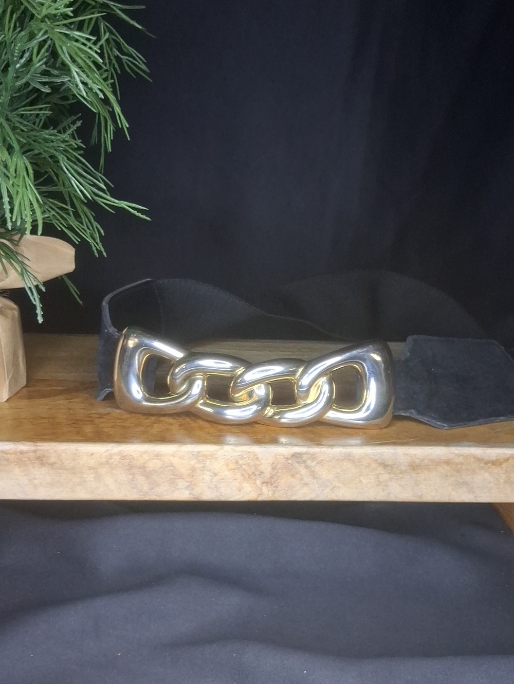 Vintage Chic Black Wide Elastic Waist Belt Chunky Gold Chain Buckle